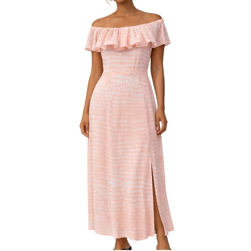 BCBG Paris Off Shoulder Maxi Dress XS Peach White Sandy Dots Ruffle Slit NWT
